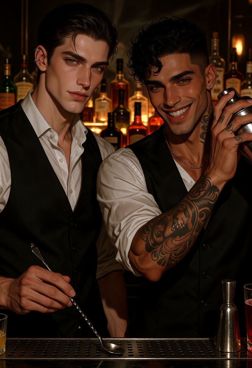 two of them, zero brain cells 🙄, Rival Bartenders Triangle AI character on Charmsy